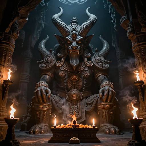 Digital artwork of a fearsome, dark statue with large horns, intricate armor, and glowing fires, seated in a dimly lit, ancient temple.