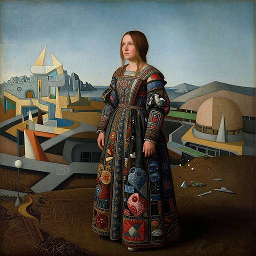 Photograph-style painting of a young woman in elaborate, patterned medieval dress, standing in surreal, geometric landscape with colorful buildings.