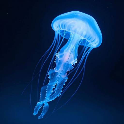 Photograph of a glowing blue jellyfish with translucent tentacles, floating against a dark blue underwater background, illuminated by light.