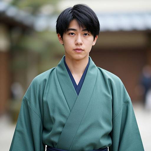Photograph of an Asian man with short black hair, wearing a green kimono, standing outdoors with a blurred traditional building background.