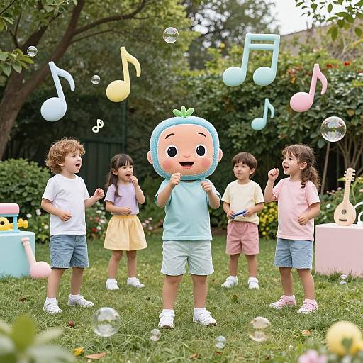 Photograph of five children in a green backyard, playing with bubbles and musical notes, wearing colorful clothes, with a mascot in the center.