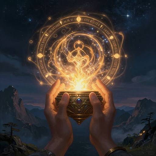 Digital artwork of hands holding a glowing, magical orb with celestial symbols, set against a starry night sky and mountainous landscape.