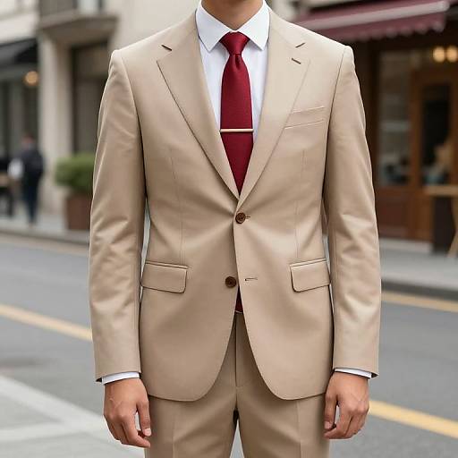 Photograph of a man in a tan suit with a white shirt and red tie, standing on a city street.