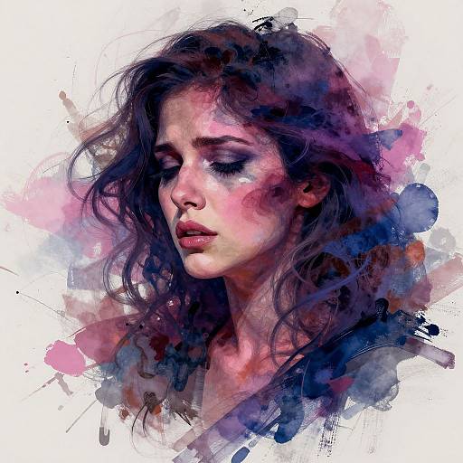 Digital watercolor portrait of a pensive young woman with wavy brown hair, pink and purple splashes, soft expression, closed eyes, and delicate