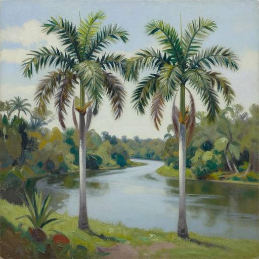 Painting of two tall palm trees flanking a calm river in a lush, green tropical landscape under a bright blue sky.