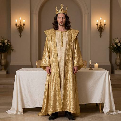 Photograph of a long-haired man in a gold, ornate robe and crown, standing in an elegant, lit room with two candlelit wall s