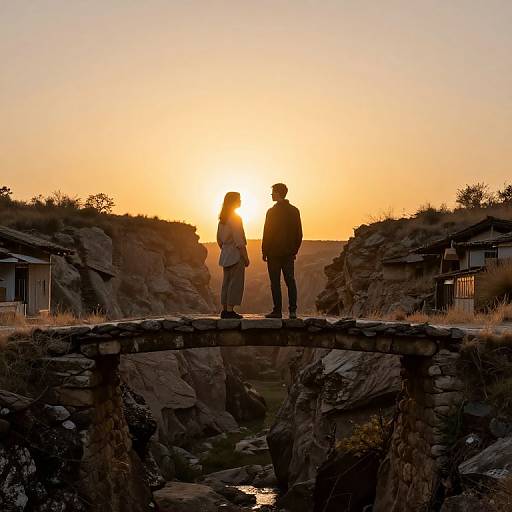 Silhouetted couple stands on a rocky bridge at sunset, golden sky, rugged landscape, and traditional houses in the background. Photograph.