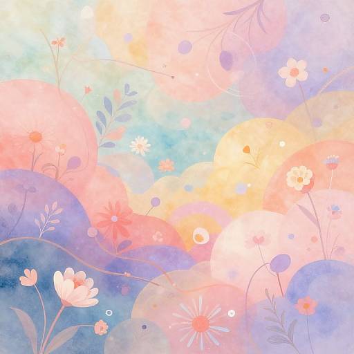 Whimsical watercolor painting of pastel-colored flowers and soft, overlapping circles in pink, blue, and orange, creating a dreamy, eth