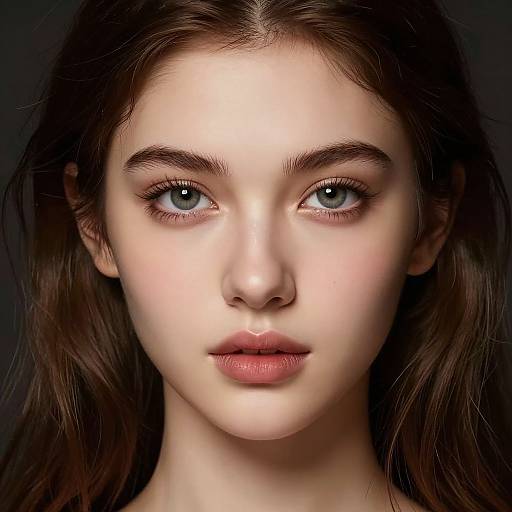 Photorealistic digital portrait of a young woman with fair skin, blue eyes, dark brown hair, and pink lips, centered against a dark background.