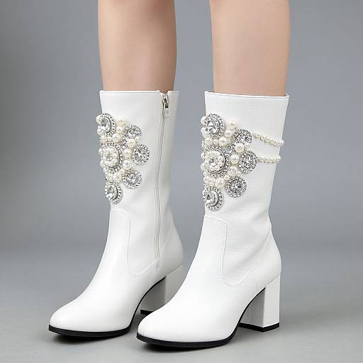 White Floral Rhinestone Pearl Mid-Calf Boots