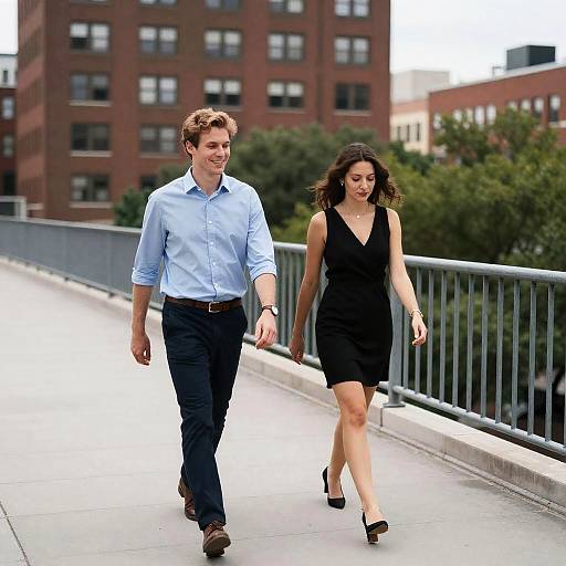 Couple Walking on Urban Rooftop Bridge