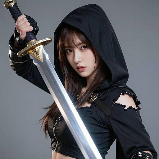 Photograph of a fierce young woman with long brown hair, black hooded jacket, and ripped sleeves, holding a shining sword with a gold hilt