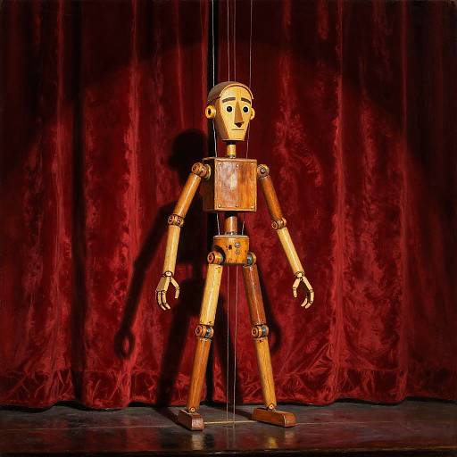 Photograph of a wooden puppet with a neutral expression, standing on a stage against a rich red velvet curtain.