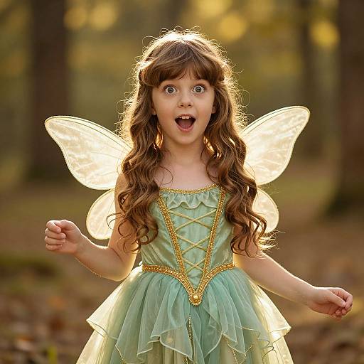 Photograph of a surprised young girl with long brown hair, wearing a light green fairy dress and glowing wings, standing in a sunlit forest.
