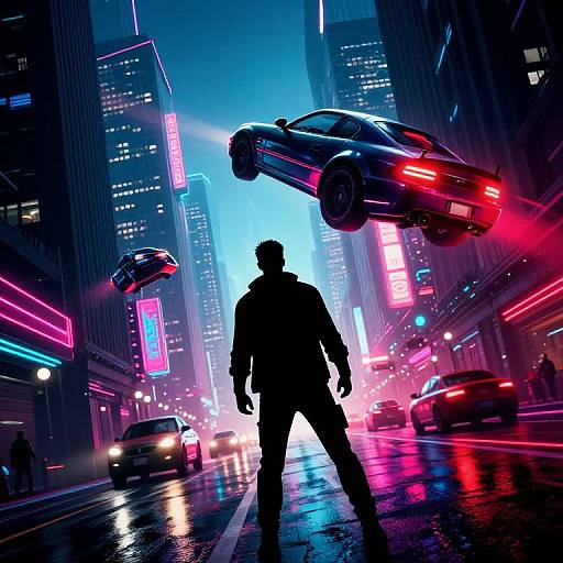 Neon-lit cyberpunk city street at night, silhouetted man in center, floating cars overhead, vibrant pink, blue, and red