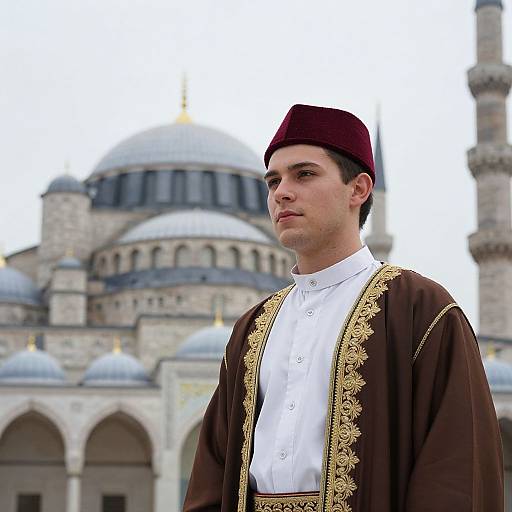 Young Man in Traditional Fez Attire