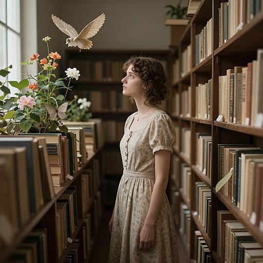 Photograph of a curly-haired woman in a floral dress, standing in a sunlit library aisle, watching a bird perched on a flower-filled shelf