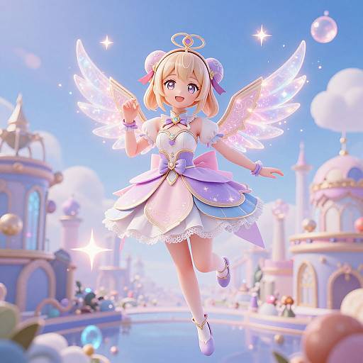 Digital anime-style illustration of a blonde angel girl with glowing wings, pink and white dress, and blue sky background, floating joyfully over a whimsical