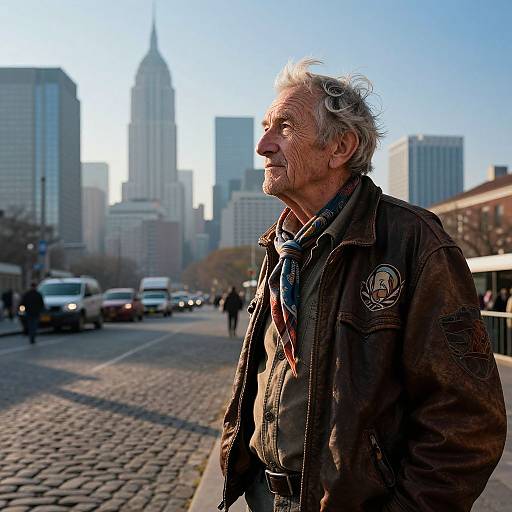 Photograph of an elderly white man with gray hair, wearing a worn brown jacket and scarf, standing on a sunlit urban street with a city skyline
