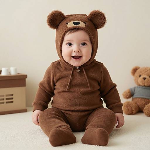 Photograph of a smiling baby in a brown bear onesie with bear ears, sitting on a white carpet, with a teddy bear and cardboard box