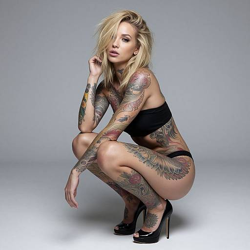 Photograph of a tattooed blonde woman squatting, wearing black bikini and high heels, with a neutral gray background, showcasing intricate body art.