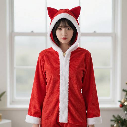Photograph of an Asian woman with black hair, wearing a red Santa-themed hooded robe with white trim and cat ears, standing in front of a