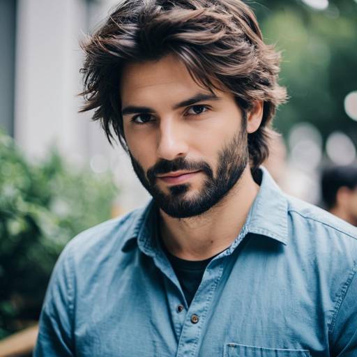 Man with Tousled Hair and Scruffy Beard Wearing Casual Shirt