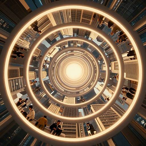Photograph of a futuristic, circular atrium with concentric neon rings, people walking around, and modern architecture with glass and metal elements.