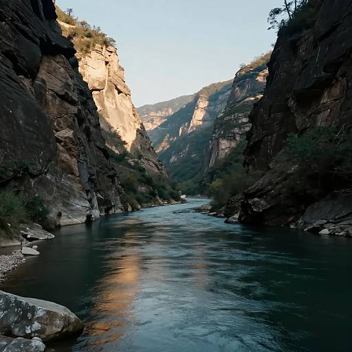 Photograph of a narrow, rocky canyon with a calm, reflective river flowing through it, illuminated by golden sunset light.