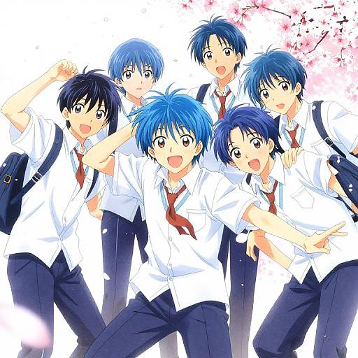 Anime-style digital illustration of six blue-haired, excited schoolboys in white shirts, red ties, and dark pants, with cherry blossoms in background.