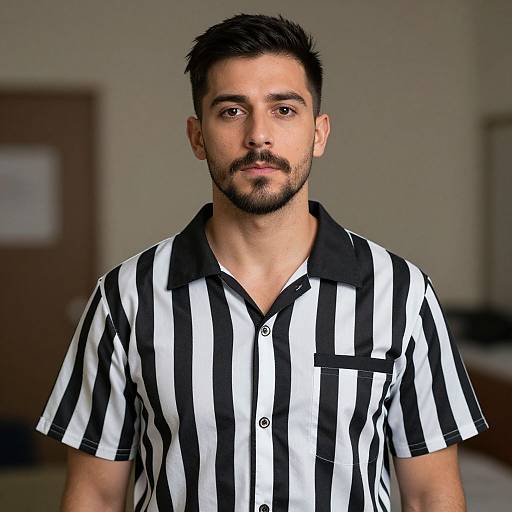 Photograph of a young man with short black hair and beard, wearing a black-and-white striped prison shirt, standing in a blurred indoor room with a