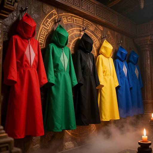 Photograph of colorful raincoats—red, green, black, yellow, blue—hanging on ornate wall with geometric patterns, lit by
