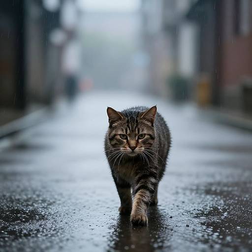 Photograph of a focused, striped tabby cat walking on a wet, rain-slicked street, with blurred urban background and misty atmosphere.