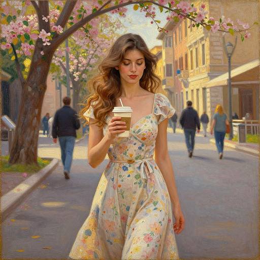 Digital painting of a fair-skinned woman with long brown hair, wearing a floral dress, holding a coffee, walking a sunlit, flower-adorn