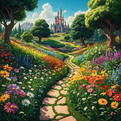 Whimsical Flower Meadow with Castle