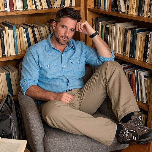 Photograph of a bearded, brown-haired man in a blue shirt and beige pants, sitting in a library chair among bookshelves.