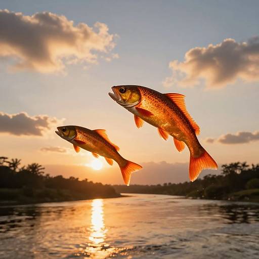 Fiery Orange Fish Soaring Above River
