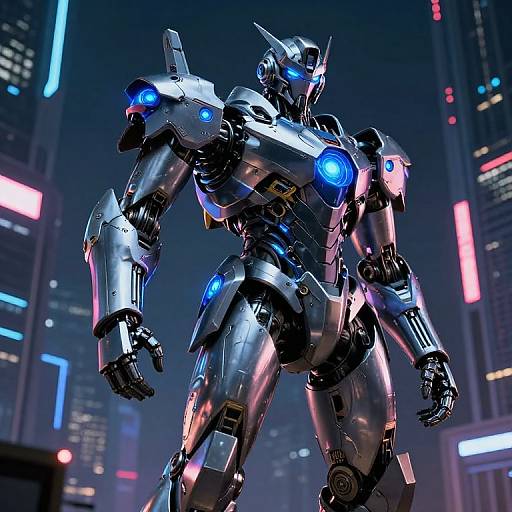 CGI image of a futuristic, silver robotic warrior with glowing blue lights, standing in a neon-lit, cyberpunk cityscape at night.