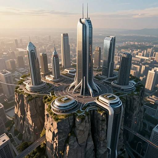 Aerial CGI of futuristic skyscrapers atop a rocky cliff, surrounded by a cityscape under a sunset sky. Tall, sleek buildings with unique,