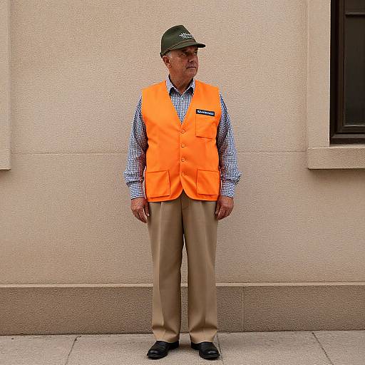 Man in Orange Vest and Green Hat