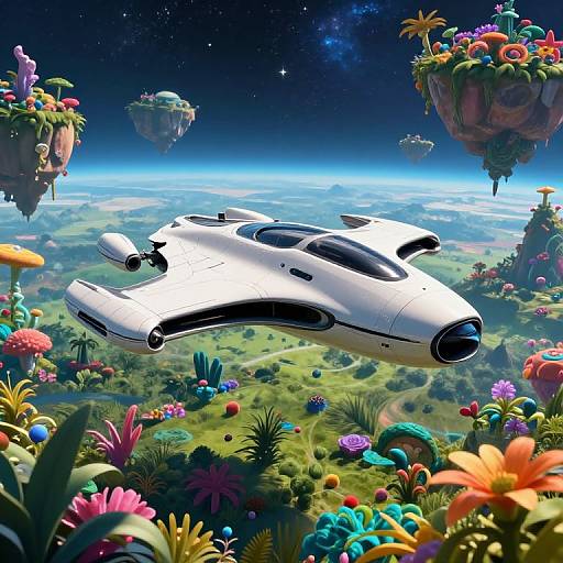 CGI image of a sleek white futuristic spaceship flying above a vibrant, colorful, flower-filled alien landscape with floating islands and a starry sky.