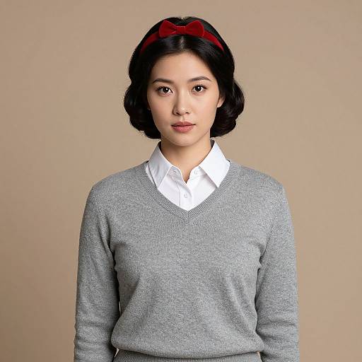 Photograph of an Asian woman with short black hair, wearing a gray V-neck sweater over a white button-up shirt, and a red headband,