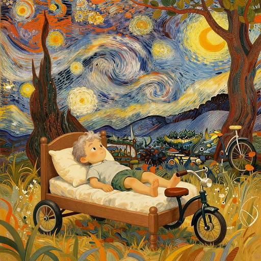 Whimsical Child in Van Gogh Inspired Landscape