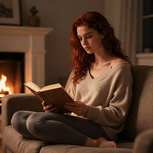 Young Woman Reading by Fireplace