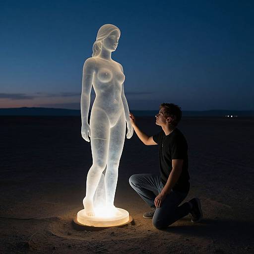 Photograph of a man kneeling, adjusting a glowing, translucent, nude female statue at night in a dark, empty desert landscape.