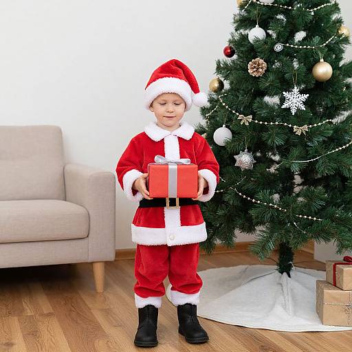 Child in Santa Suit by Christmas Tree