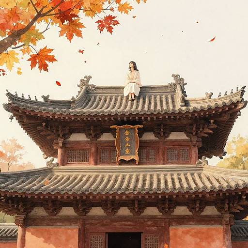 Digital illustration of a traditional East Asian temple with a woman in white robes standing on the roof, surrounded by autumn leaves.