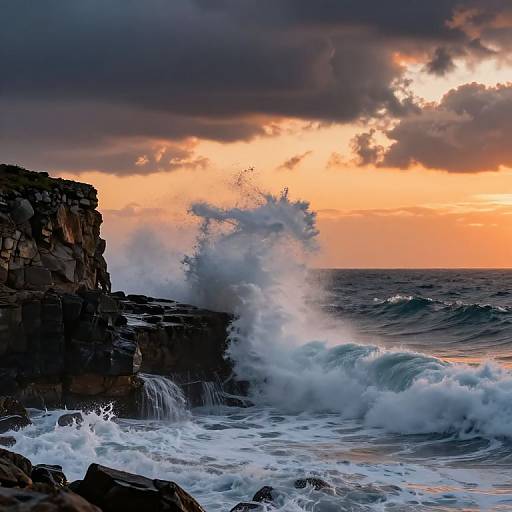 Photograph of a dramatic ocean sunset: dark rocky cliff on the left, powerful waves crashing into the rocks, vibrant orange and pink sky with dark clouds