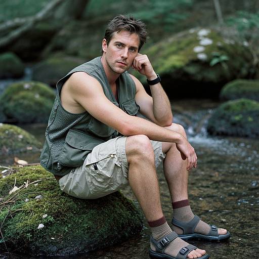 Photograph of a young, muscular man with short brown hair, sitting on a moss-covered rock by a forest stream, wearing a sleeveless green vest