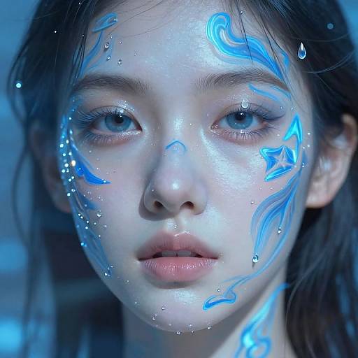 Photorealistic digital portrait of a young woman with pale skin, blue glowing face paint, water droplets, and intense blue eyes, set against a
